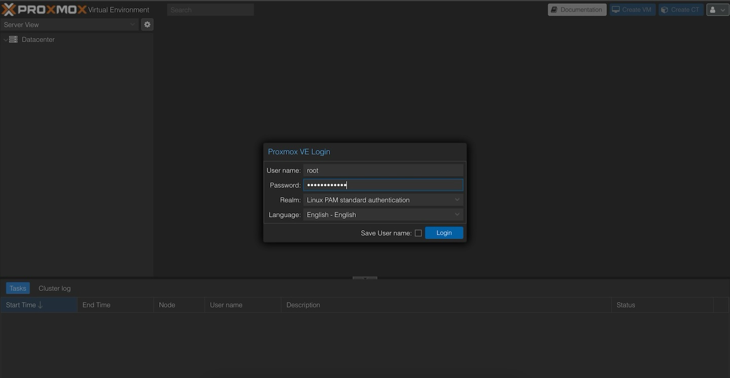 Proxmox login page