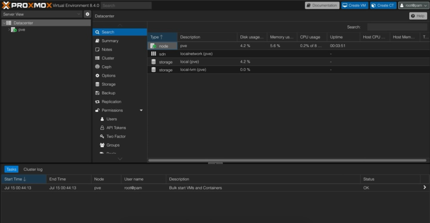 Proxmox dashboard page