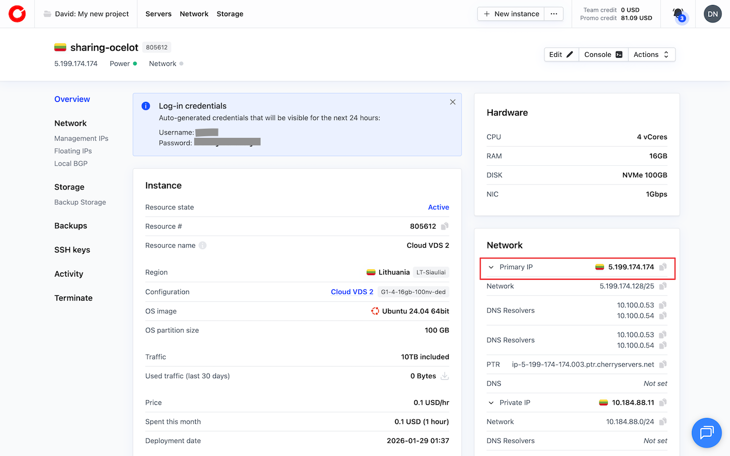 Cherry Servers' dashboard