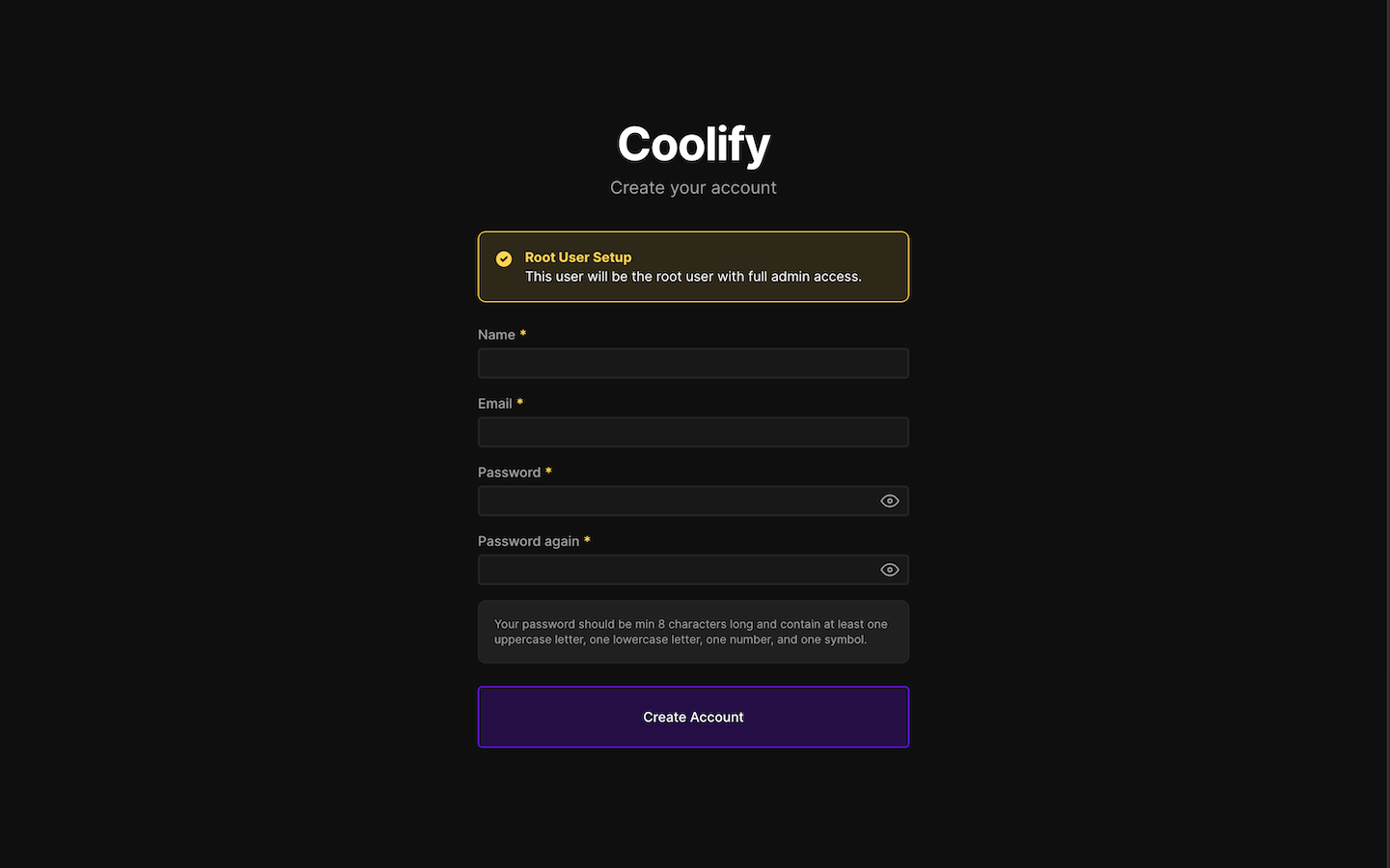Coolify login page