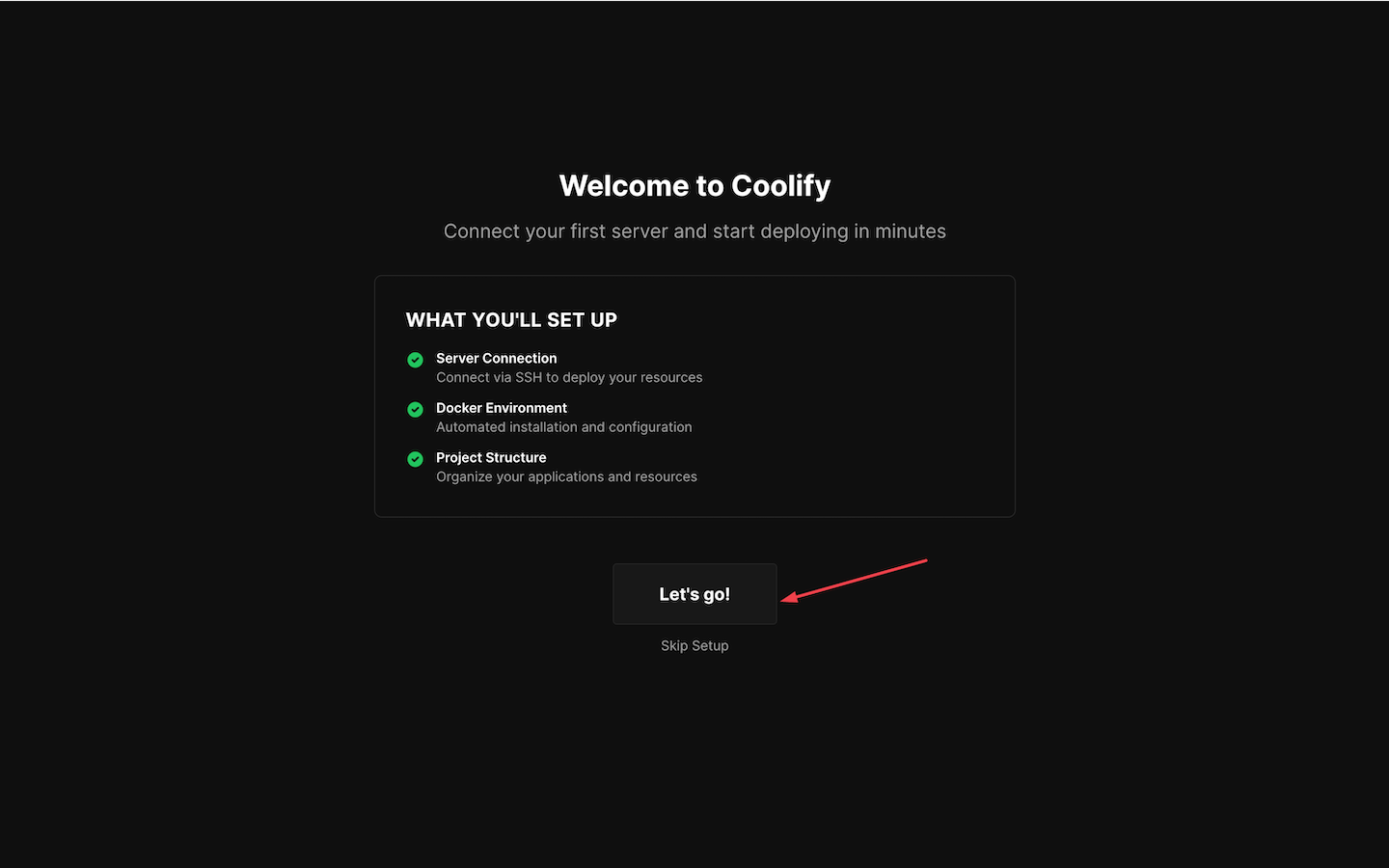 Coolify welcome screen