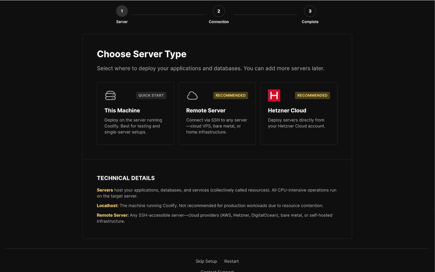 Coolify server type selection