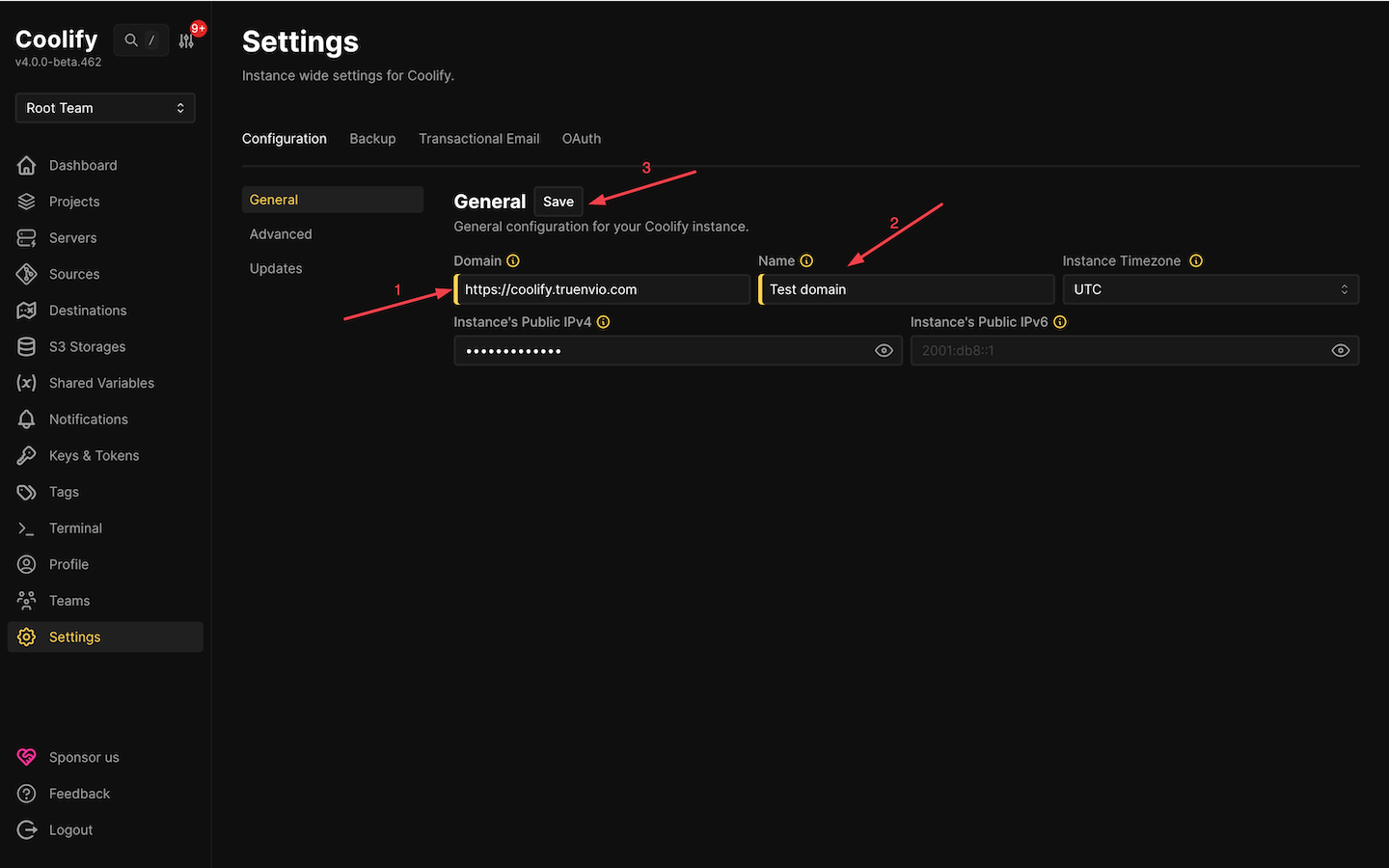 Coolify domain settings