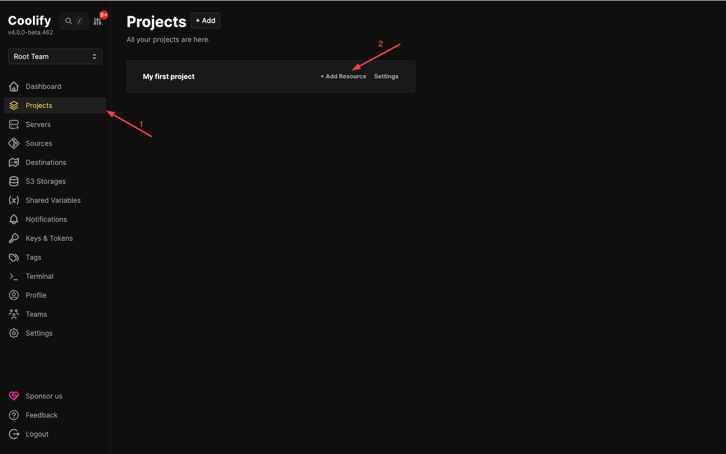Coolify project page