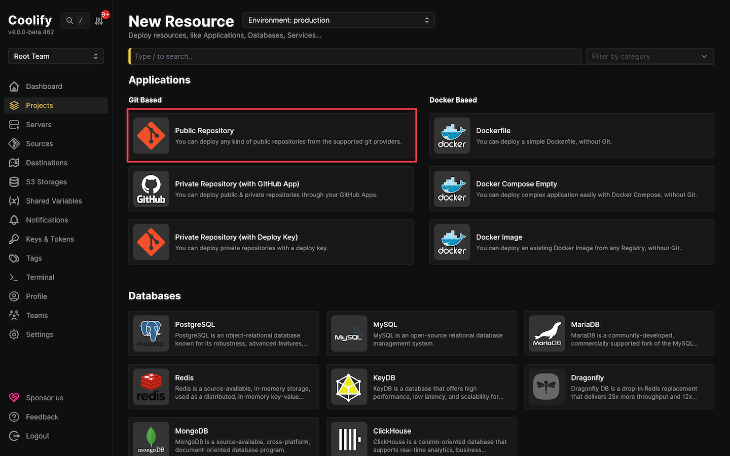 Coolify resource type selection