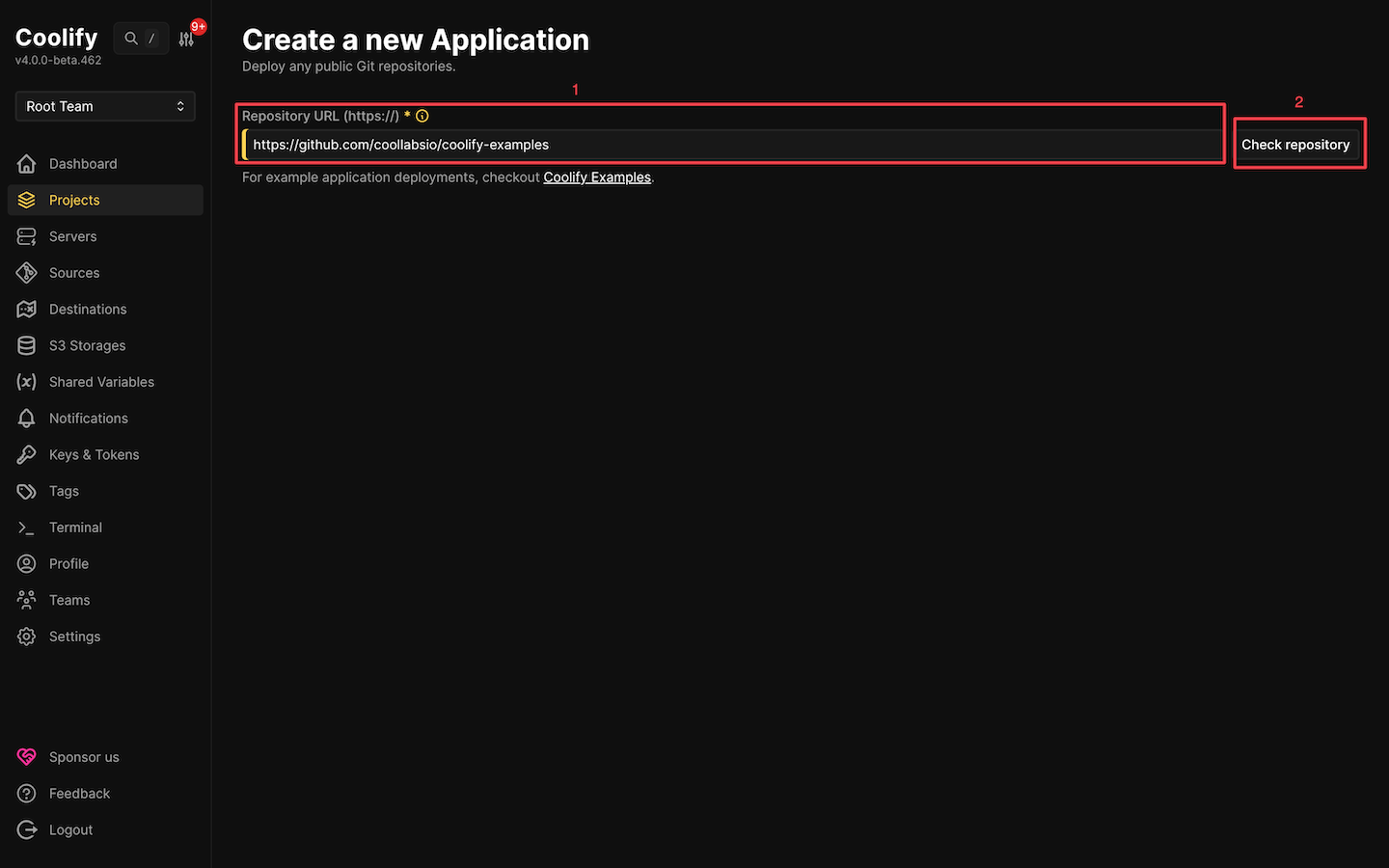 Coolify repository settings