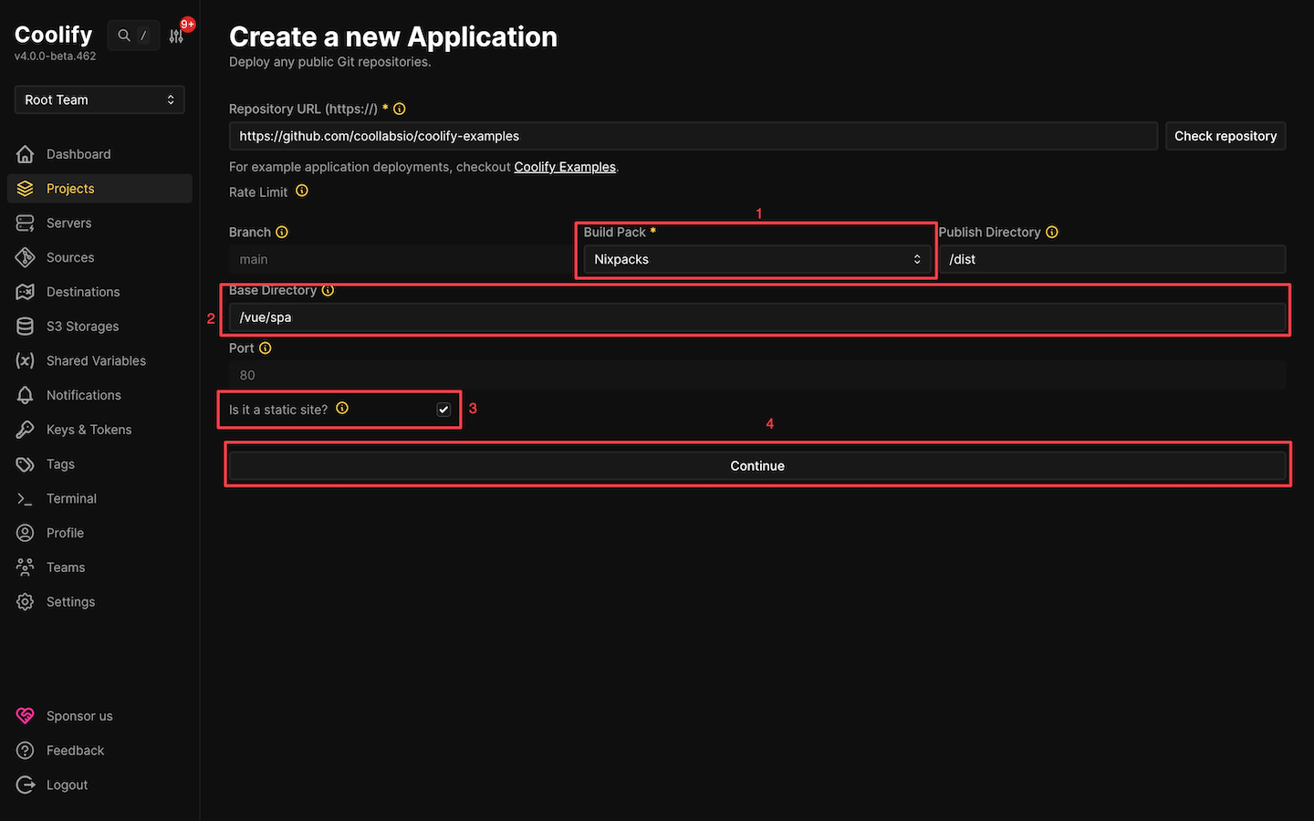 Coolify build settings