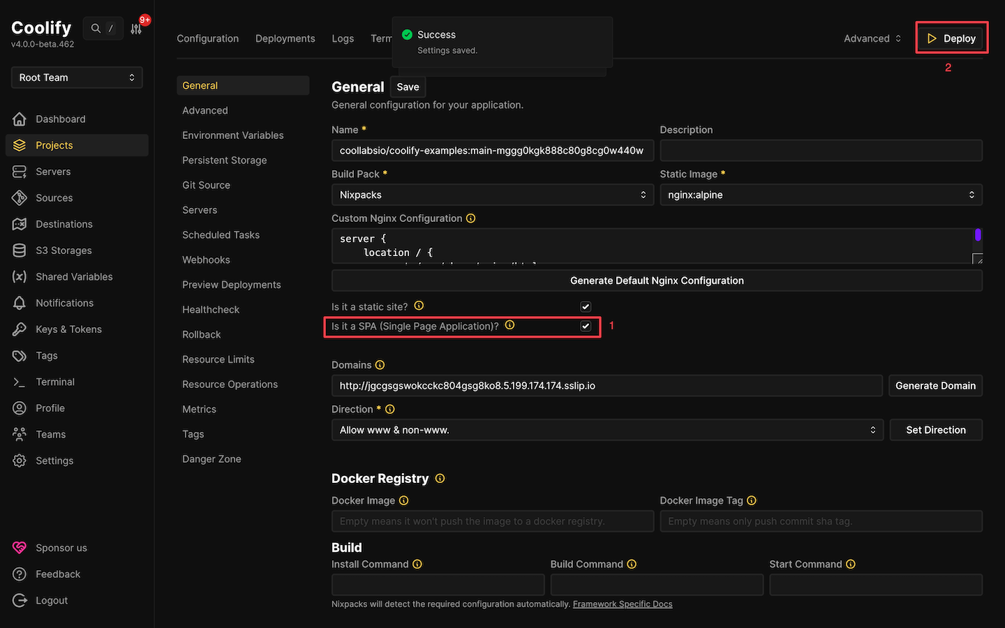 Coolify deployment settings