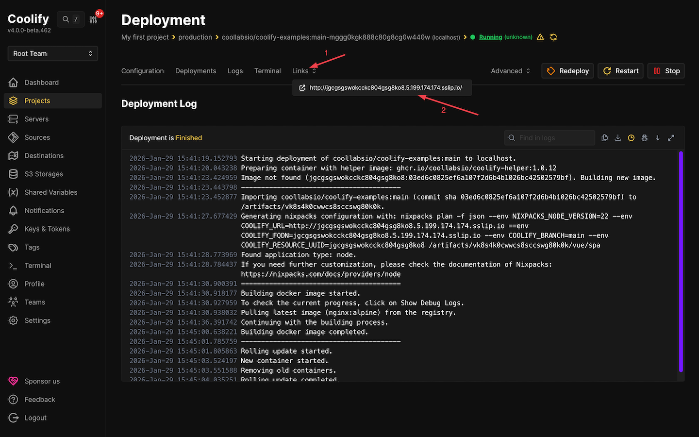 Coolify completed deployment logs