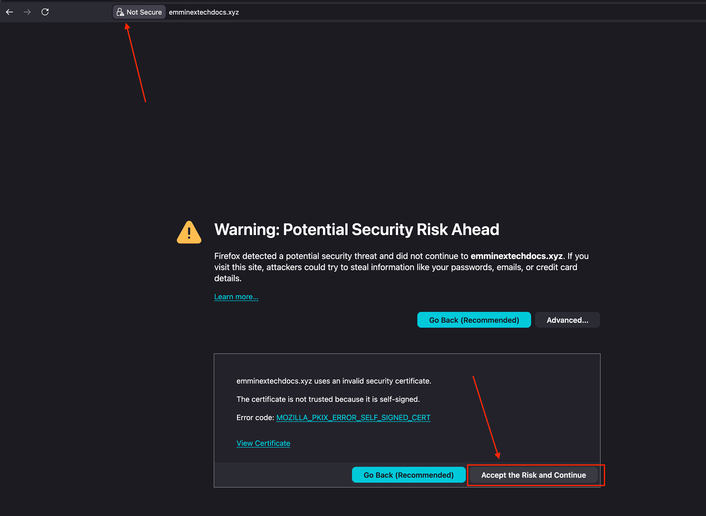 Browser warning from self-signed certificate
