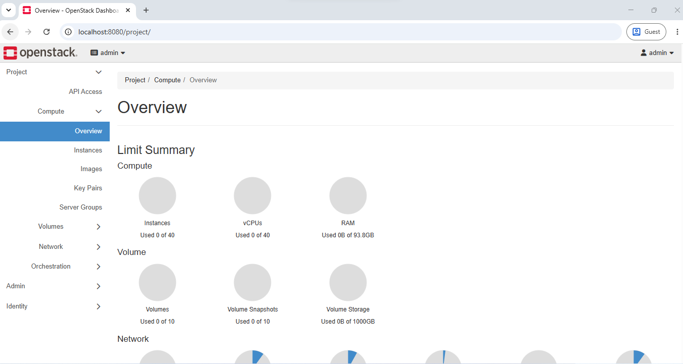 Horizon dashboard overview after sign-in